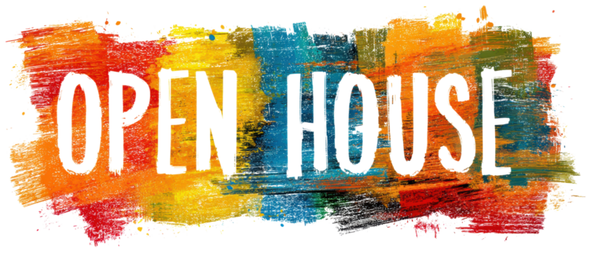Colorful open house banner with artistic flair.