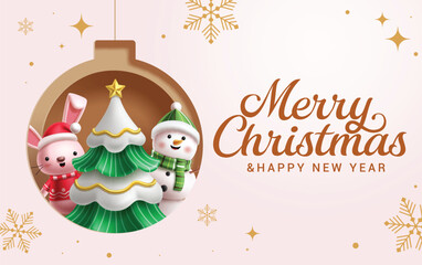 Merry Christmas greeting card clipart design. Merry Christmas and Happy new year wishes clip art with cute bunny and snowman character in ball shape paper cut decoration elements for white banner card