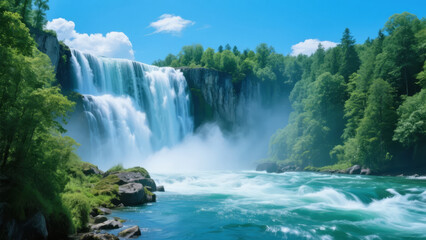 Fototapeta premium Start of Summer Solar Term: Waterfall and Forest for a Natural Scenery and Tourist Attraction Background