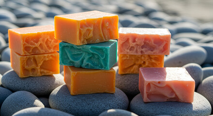 Handmade soaps on a pebble beach, promoting natural skincare and wellness