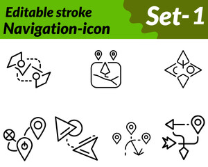 Navigation icon character. designed in a flat vector style featuring elements like a compass pin folded map or directional arrows. Clean line and simple shapes symbolize guidance travel and finding.
