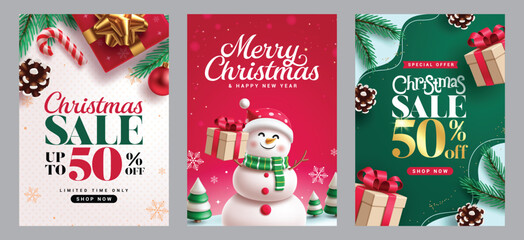 Christmas sale poster clipart set. Christmas sale and Merry Christmas greeting text clip art with xmas decoration elements in colorful background for seasonal promo shopping discount card template 