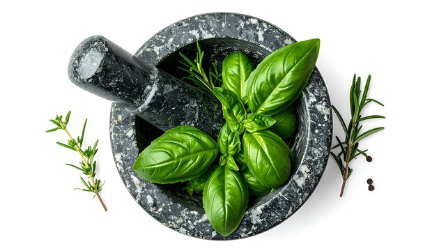 Fresh herbs in a mortar and pestle