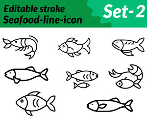 Obraz premium Seafood icon. character designed in a modern flat vector style, featuring elements like a fish, shrimp, crab, or shell arranged neatly with clean lines. Additional details such as waves nets.