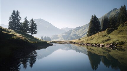 Serene mountain landscape featuring a reflective lake under natural ambient lighting.