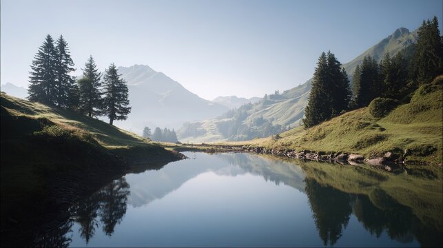 Serene mountain landscape featuring a reflective lake under natural ambient lighting.