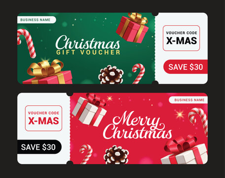 Christmas Voucher clipart banner set. Merry Christmas gift voucher clip art collection in green and red background with gift box, candy cane and spruce elements for xmas holiday gift certificate 