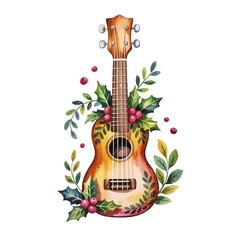 Artistic ukulele decorated with festive holly berries and green leaves