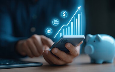 Close-up of hands using a phone with financial growth graphics overlayed, piggy bank visible