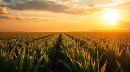 The Blazing Sun Setting Over an Endless Cornfield, Its Golden Light Bathing the Lush Green Crops in a Warm Glow