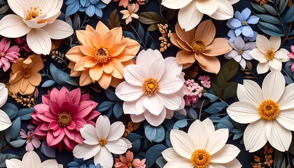 A vibrant floral arrangement showcases a diverse collection of blooming flowers against a deep navy backdrop.x