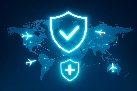 Worldwide Travel Insurance Concept, Glowing Map with Airplanes and Shield Icon