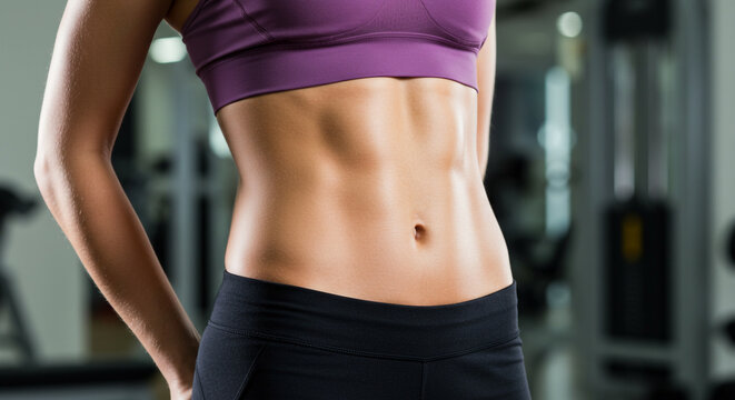 Close-up of a woman's toned abs in a gym setting.