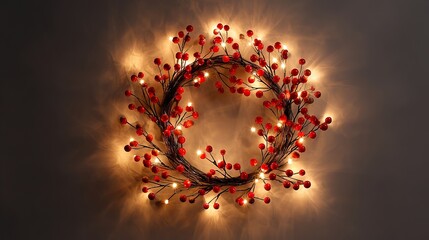 Glowing Christmas wreath with red berries and warm fairy lights on rustic wood — cozy winter holiday decoration and festive home décor background with soft bokeh and copy space