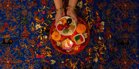 Overhead View of Traditional Puja Thali with Offerings