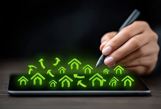 Hand with stylus interacting with tablet displaying green house icons and arrows