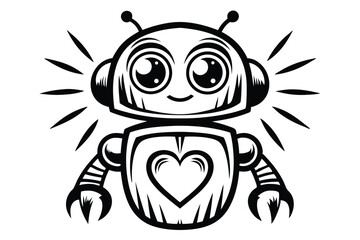 Charming Black and White Robot with Heart on Chest with White Background
