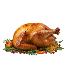 Golden roasted turkey with garnish on transparent background for holiday menus and catering branding
