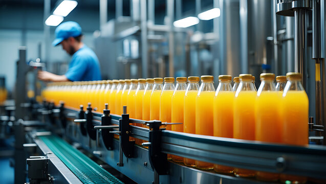 Orange juice bottles on automated production line beverage factory