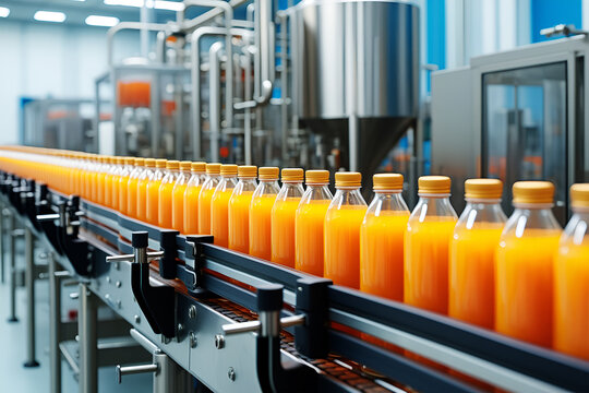 Orange juice bottles on automated production line beverage bottling