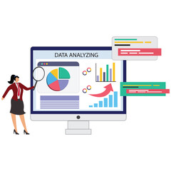 A businesswoman analyzing data on a computer screen isolated on white background she is wearing a red suit and tie and holding a magnifying glass