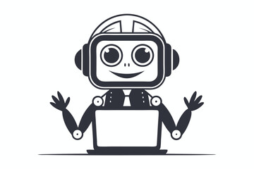 Cheerful Cartoon Robot with Headphones and Waving Hands on White Background