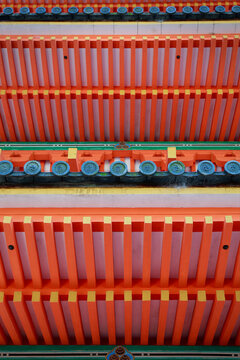 close up of detail of the roof of wooden pagoda in Japanese temple	
