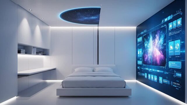 Sleek, futuristic bedroom with interactive wall