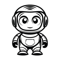 Cheerful Outlined Robot Cartoon Character with Headphones, Tablet on White Background