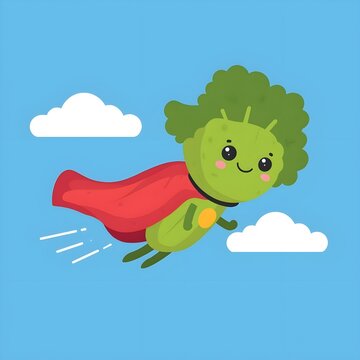 Happy kale leaf wearing a superhero cape, flying in the sky, bright green cartoon kawaii design.