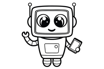 Cheerful Robot Waving and Holding Tablet Modern Black and White Design