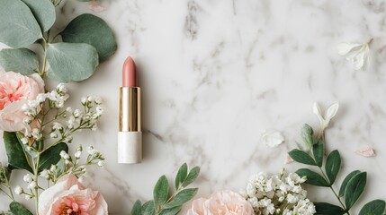 Lipstick surrounded by flowers and eucalyptus on a white marble backdrop