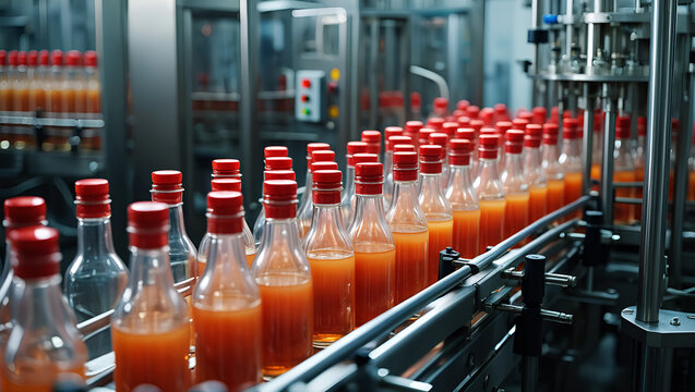 Orange liquid filled glass bottles on automated conveyor beverage bottling