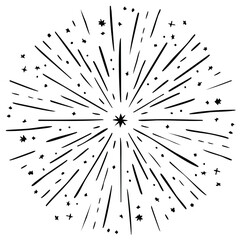 Obraz premium Hand drawn starburst illustration with stars and dots forming explosion design black on white background