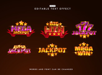 Set of Glossy Editable Text Effects — Mega Win, Big Win, and Jackpot Frame Banner Templates for Casino, Slot, and Game Design