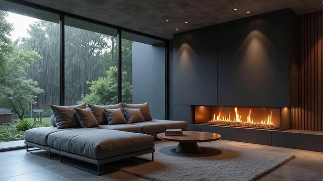 Cozy modern living room with fireplace, gentle rain outside, and endless looped background animation creating a relaxing, warm ambiance in 4K HQ video footage