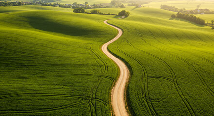 Obraz premium Winding road through green fields under a bright sky, showcasing a scenic landscape.