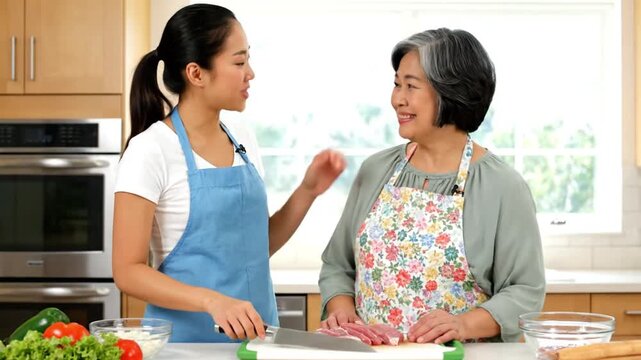 Smiling young woman helping aunt cut meat in kitchen, supportive family lifestyle