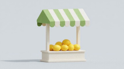 Vibrant minimalist vector illustration of a lemon stall showcasing fresh produce under a striped canopy in a sunny environment. National Lemon Bar Day, National Lemon Cream Pie Day