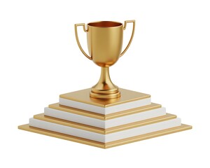 Golden trophy on a pyramid of steps celebrating achievement and victory