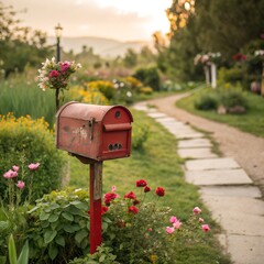 A mailbox with garden blooms in the background