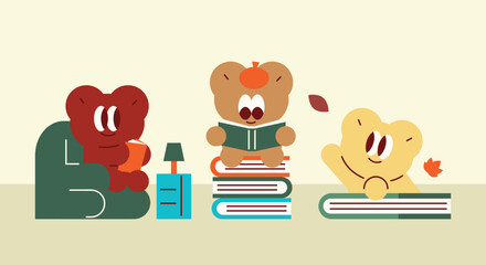 Three adorable cartoon bears enjoying reading and autumn