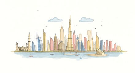 Obraz premium City Skyline Illustration with Buildings and Watercolor Style on White Background
