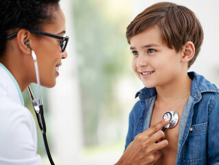 A young, friendly female doctor wearing glasses listens to the chest of a smiling boy with a stethoscope.