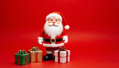 Santa Claus with gifts on red background
