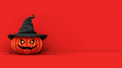 Halloween pumpkin with sinister expression and witch hat on a vibrant red background