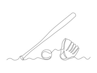 Baseball bat,ball and baseball glove, continuous single one line art drawing sketch, logo