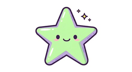 Cute Green Star Smiling with Shimmering Sparkles on White Background