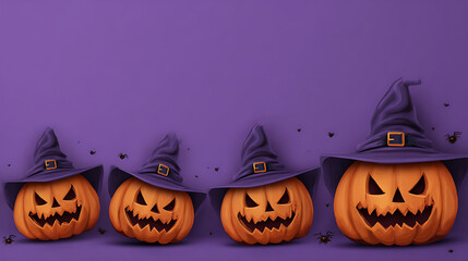 Four spooky Halloween pumpkins with witch hats on a purple background, surrounded by tiny bats