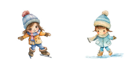 child ice skating watercolor vector illustration